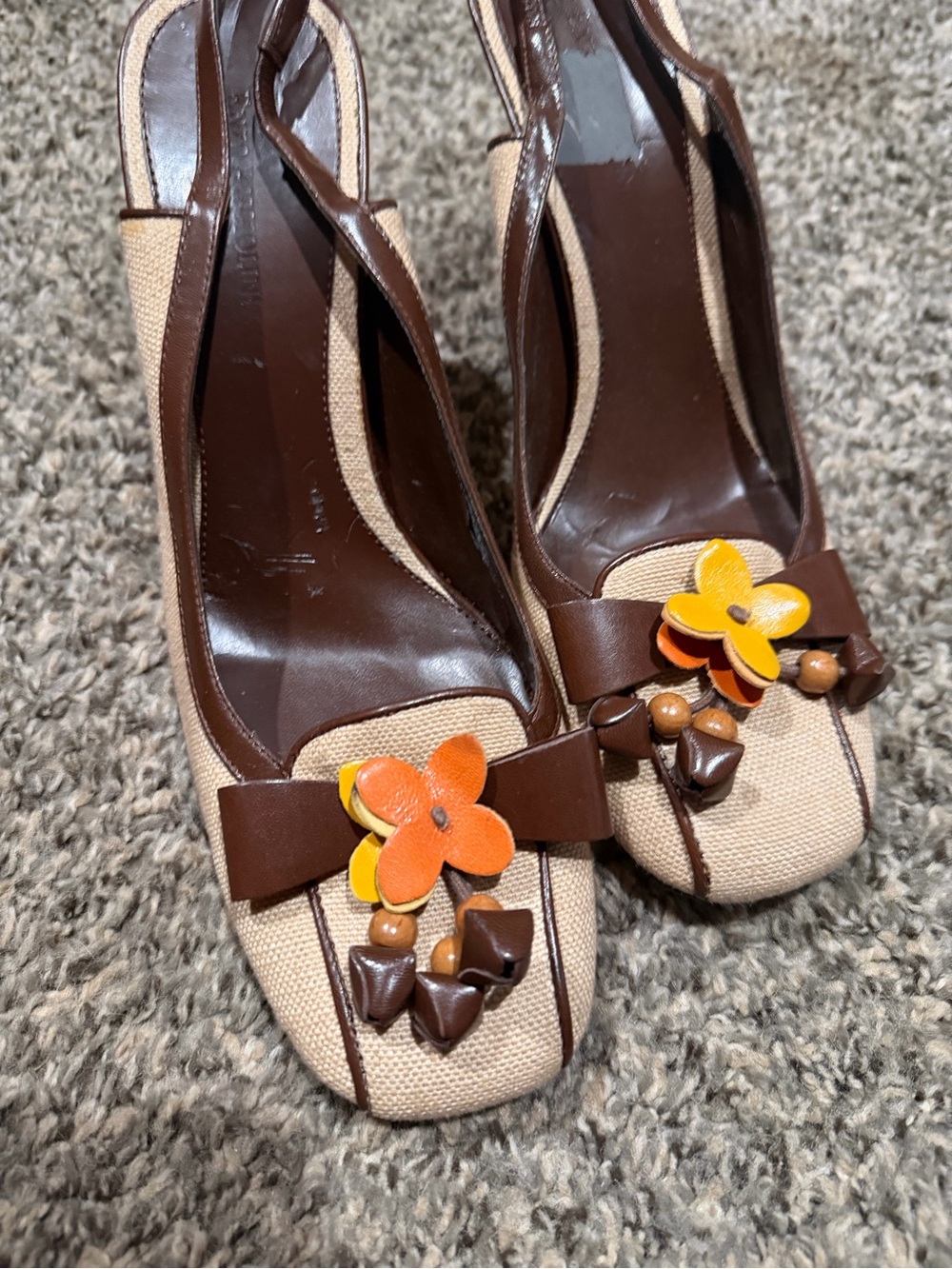 Enzo Angiolini Beige and Brown Slingback Heels with Orange Flower Detail